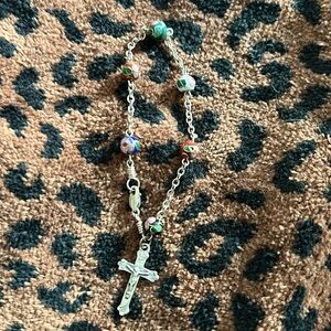 Chapel sterling silver and cloisonné beads cross  bracelet. 6.5”